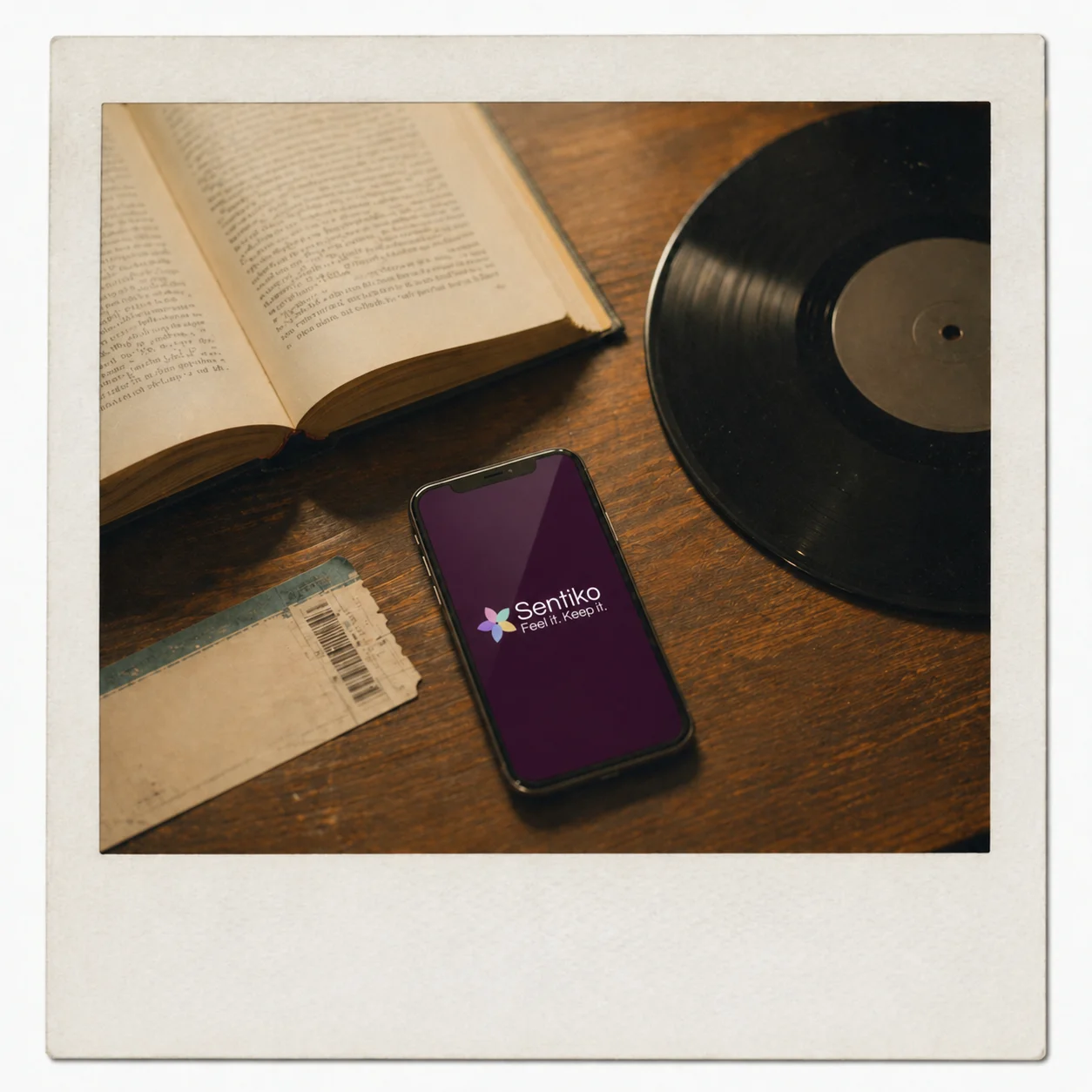 A polaroid of an evening at home: a book, a vinyl record, a phone showing the Sentiko app, and a theatre ticket stub on a wood table